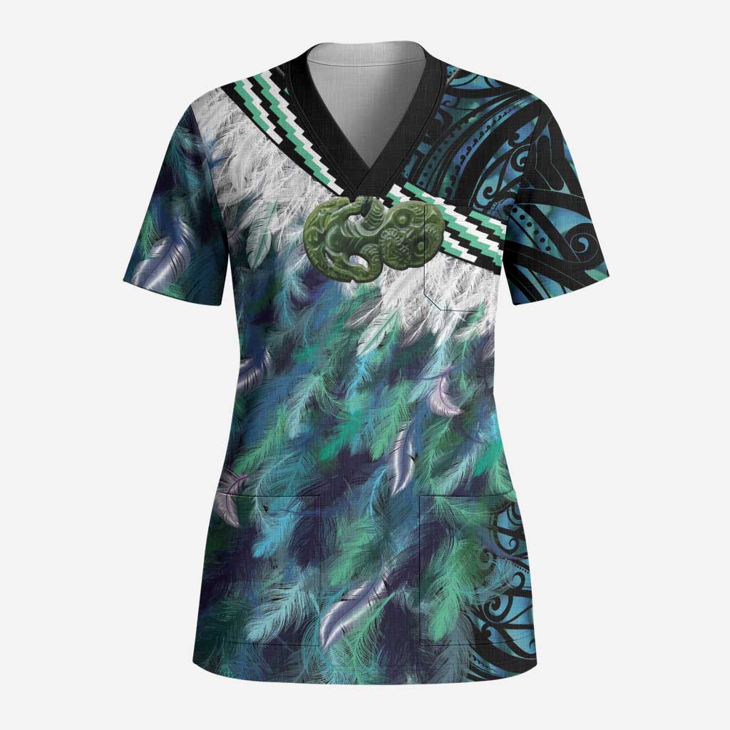 Turquoise Traditional Cloak Aotearoa Scrub Top Maori Paua Shell Korowai Pattern - Polynesian Pride