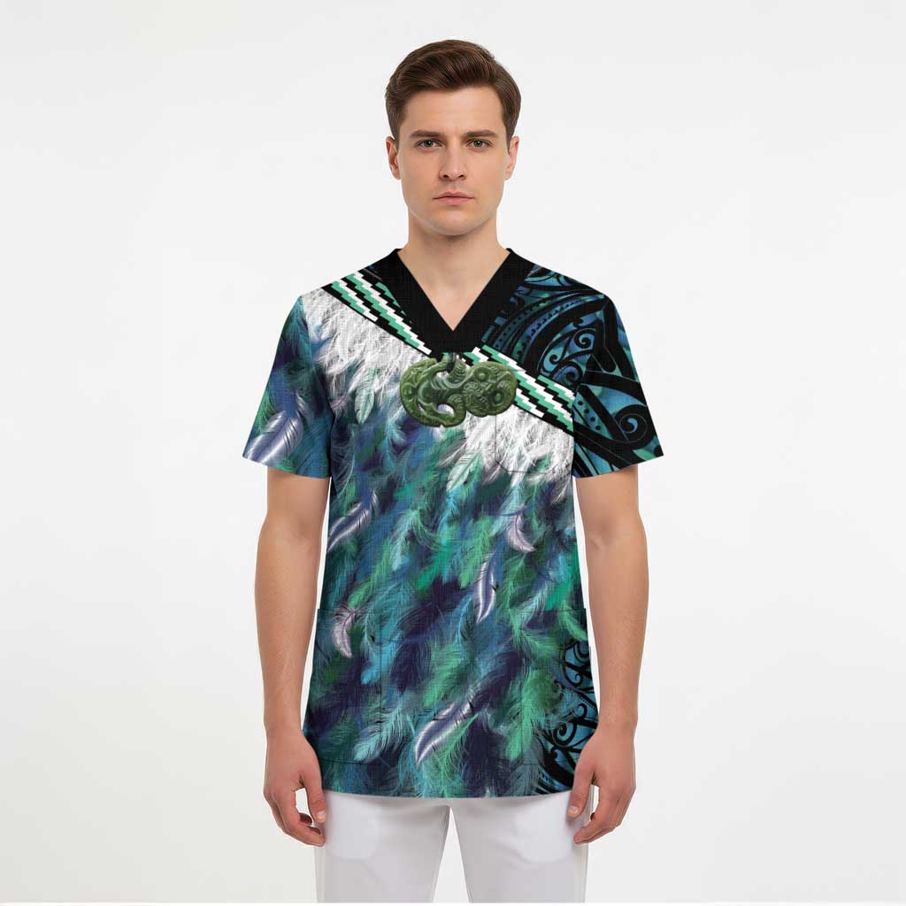 Turquoise Traditional Cloak Aotearoa Scrub Top Maori Paua Shell Korowai Pattern - Polynesian Pride