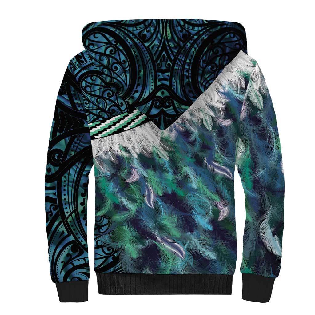 Turquoise Traditional Cloak Aotearoa Sherpa Hoodie Maori Paua Shell Korowai Pattern