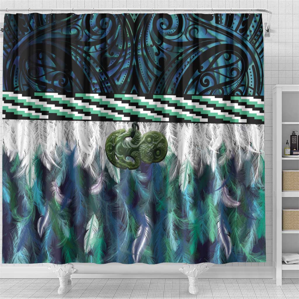 Turquoise Traditional Cloak Aotearoa Shower Curtain Maori Paua Shell Korowai Pattern