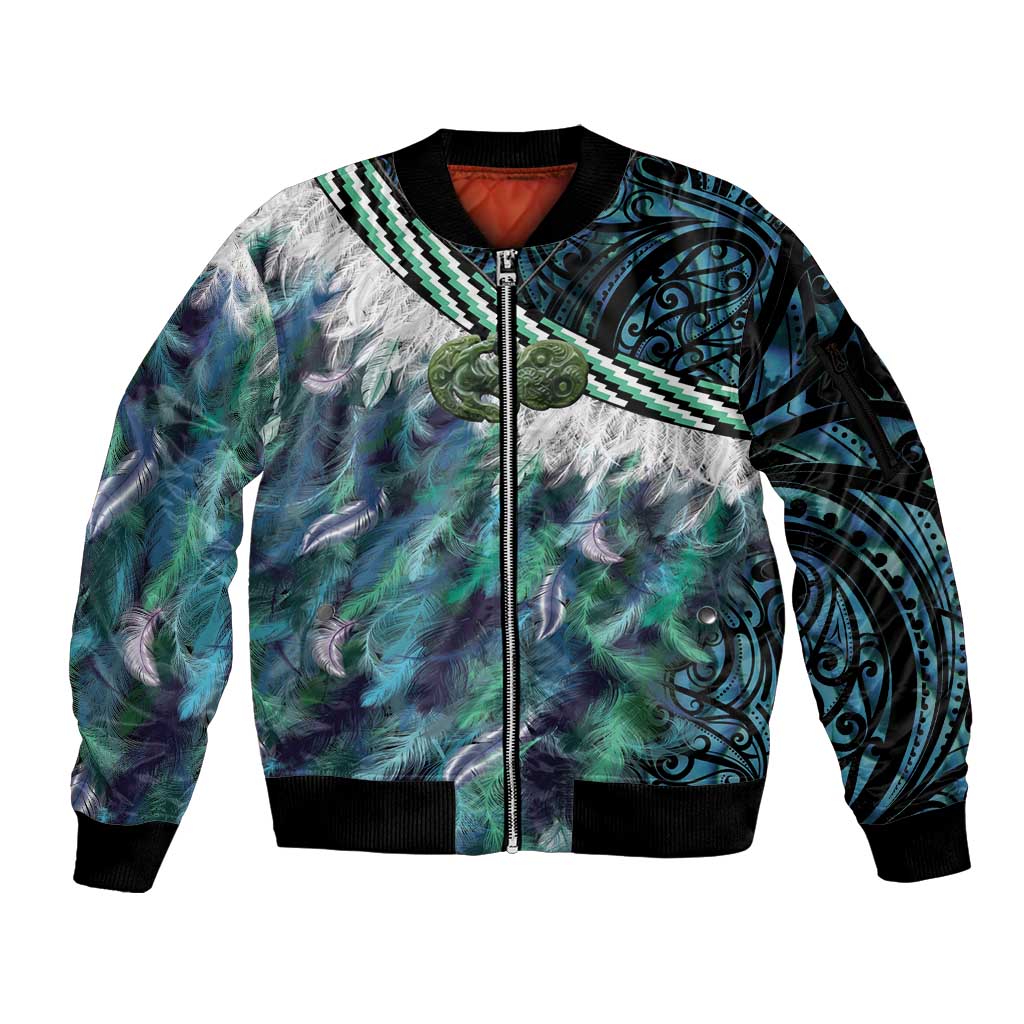 Turquoise Traditional Cloak Aotearoa Sleeve Zip Bomber Jacket Maori Paua Shell Korowai Pattern LT14 Unisex Turquoise - Polynesian Pride