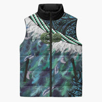 Turquoise Traditional Cloak Aotearoa Sleeveless Puffer Jacket Maori Paua Shell Korowai Pattern - Polynesian Pride