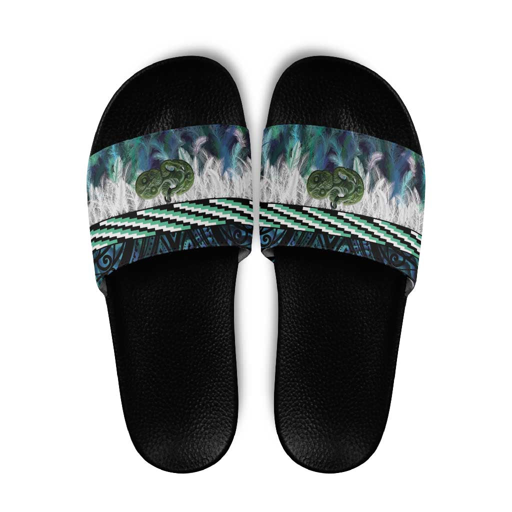 Turquoise Traditional Cloak Aotearoa Slide Sandals Maori Paua Shell Korowai Pattern LT14 Turquoise - Polynesian Pride