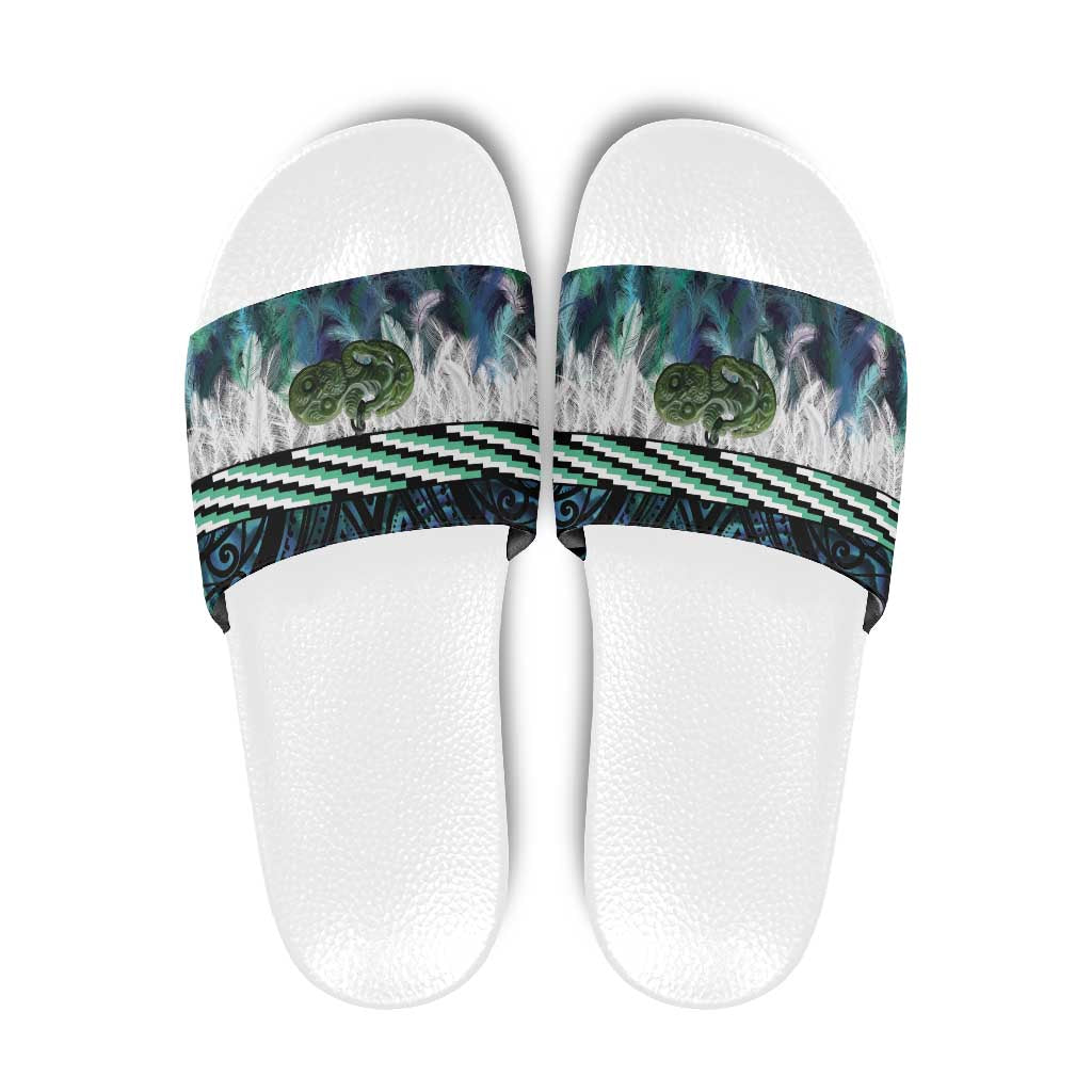Turquoise Traditional Cloak Aotearoa Slide Sandals Maori Paua Shell Korowai Pattern LT14 Turquoise - Polynesian Pride