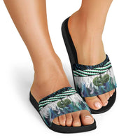 Turquoise Traditional Cloak Aotearoa Slide Sandals Maori Paua Shell Korowai Pattern LT14 - Polynesian Pride