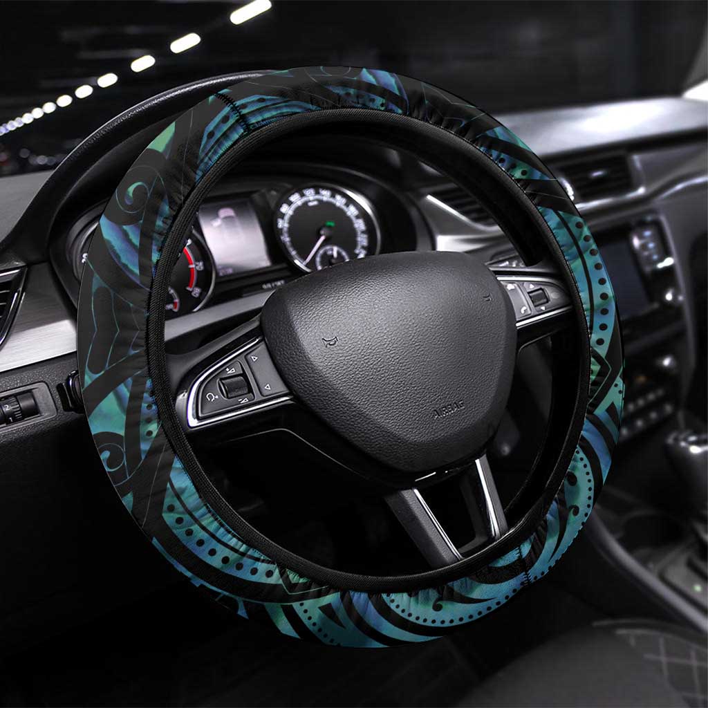 Turquoise Traditional Cloak Aotearoa Steering Wheel Cover Maori Paua Shell Korowai Pattern
