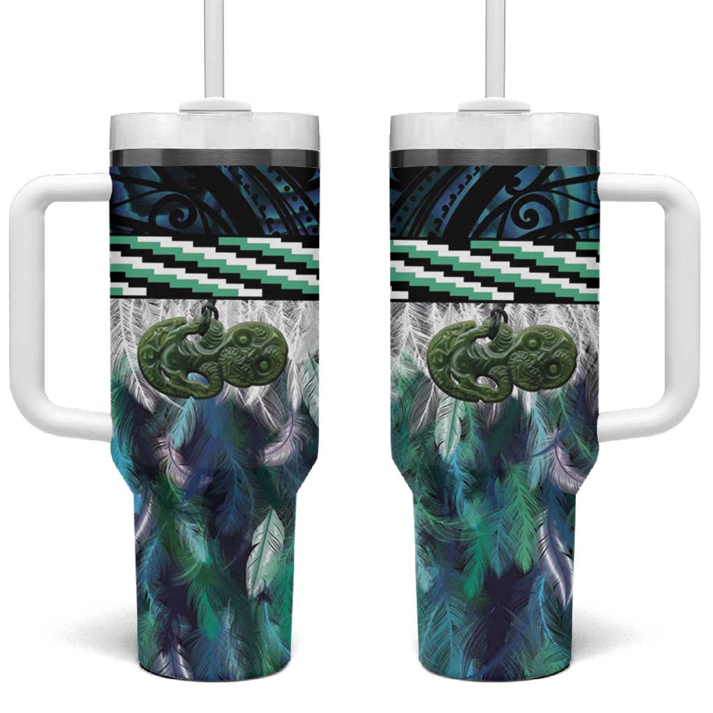 Turquoise Traditional Cloak Aotearoa Tumbler With Handle Maori Paua Shell Korowai Pattern LT14 One Size: 40 oz Turquoise - Polynesian Pride