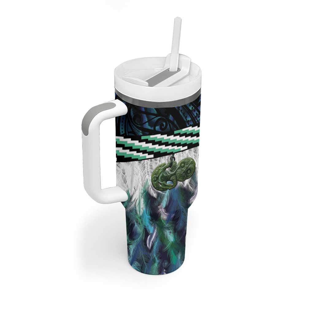Turquoise Traditional Cloak Aotearoa Tumbler With Handle Maori Paua Shell Korowai Pattern LT14 - Polynesian Pride