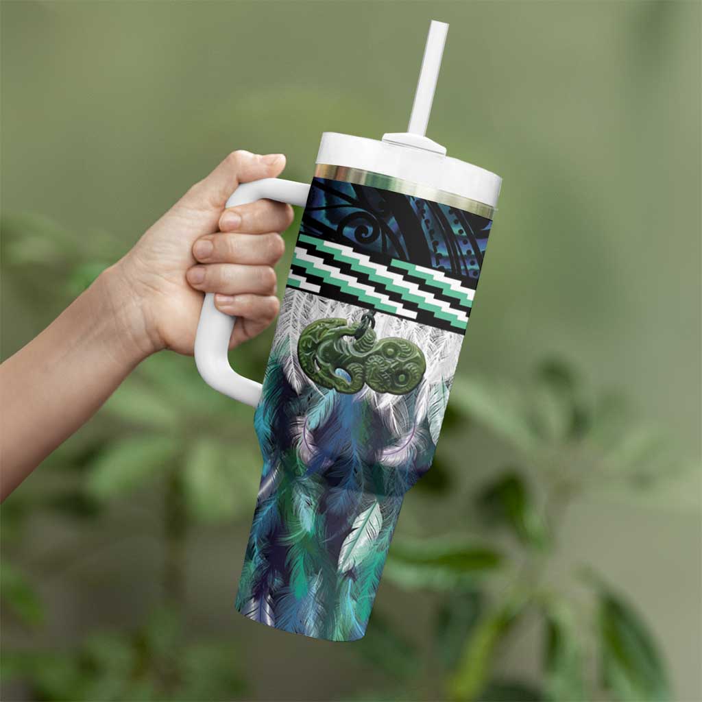 Turquoise Traditional Cloak Aotearoa Tumbler With Handle Maori Paua Shell Korowai Pattern LT14 - Polynesian Pride