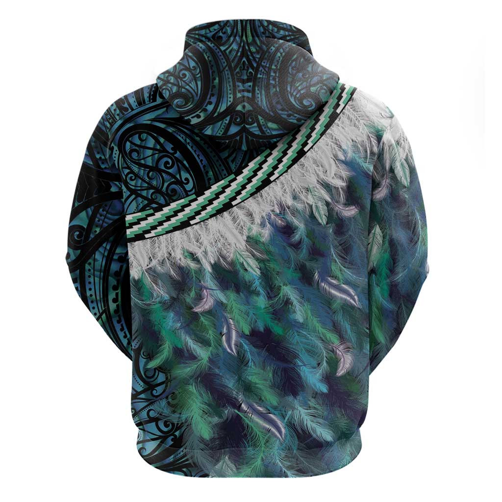 Turquoise Traditional Cloak Aotearoa Zip Hoodie Maori Paua Shell Korowai Pattern