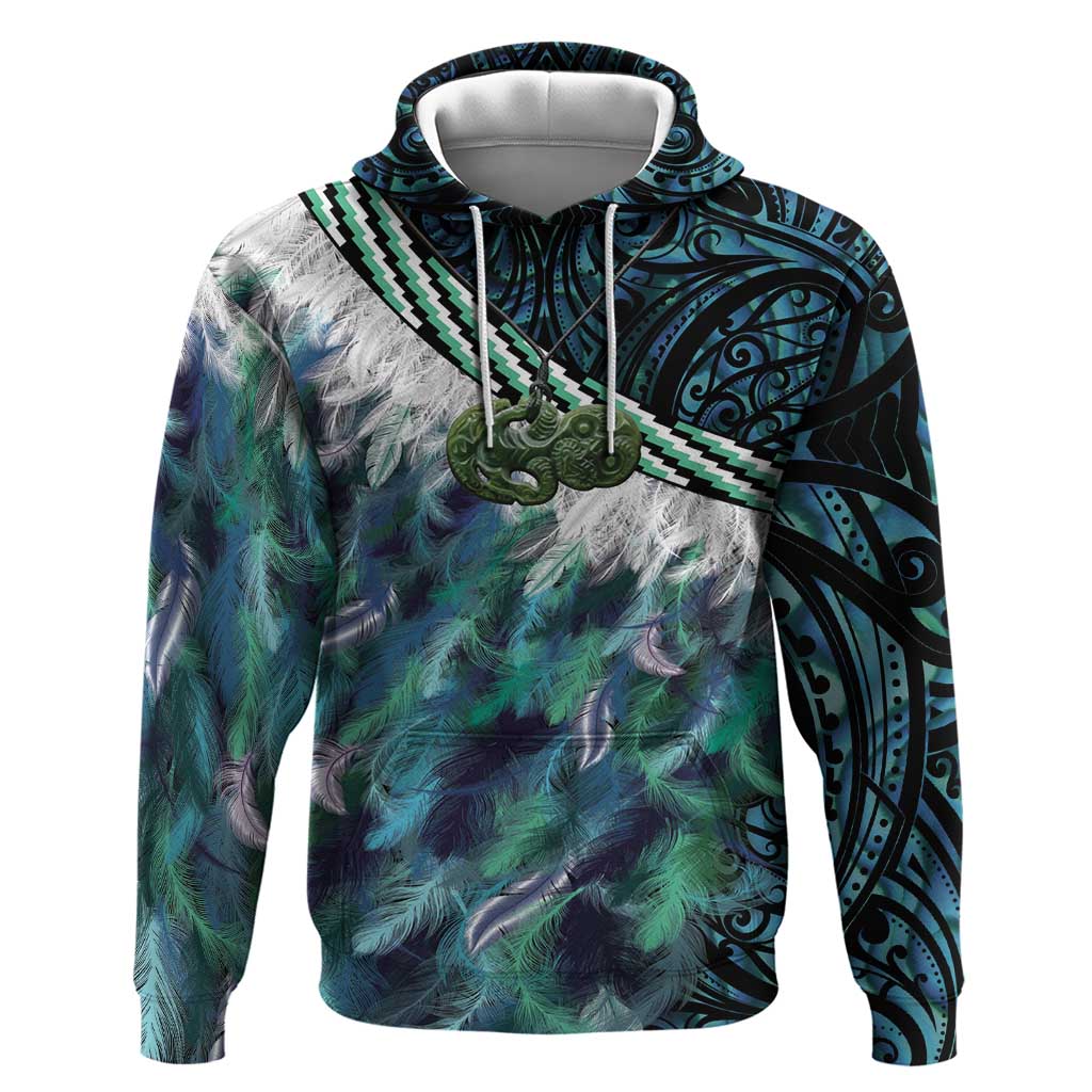 Turquoise Traditional Cloak Aotearoa Zip Hoodie Maori Paua Shell Korowai Pattern