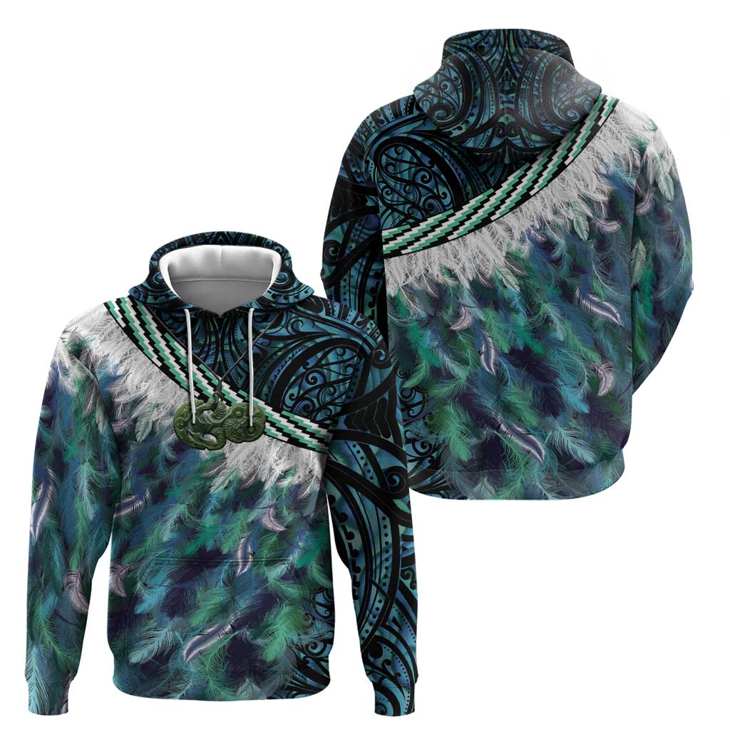 Turquoise Traditional Cloak Aotearoa Zip Hoodie Maori Paua Shell Korowai Pattern