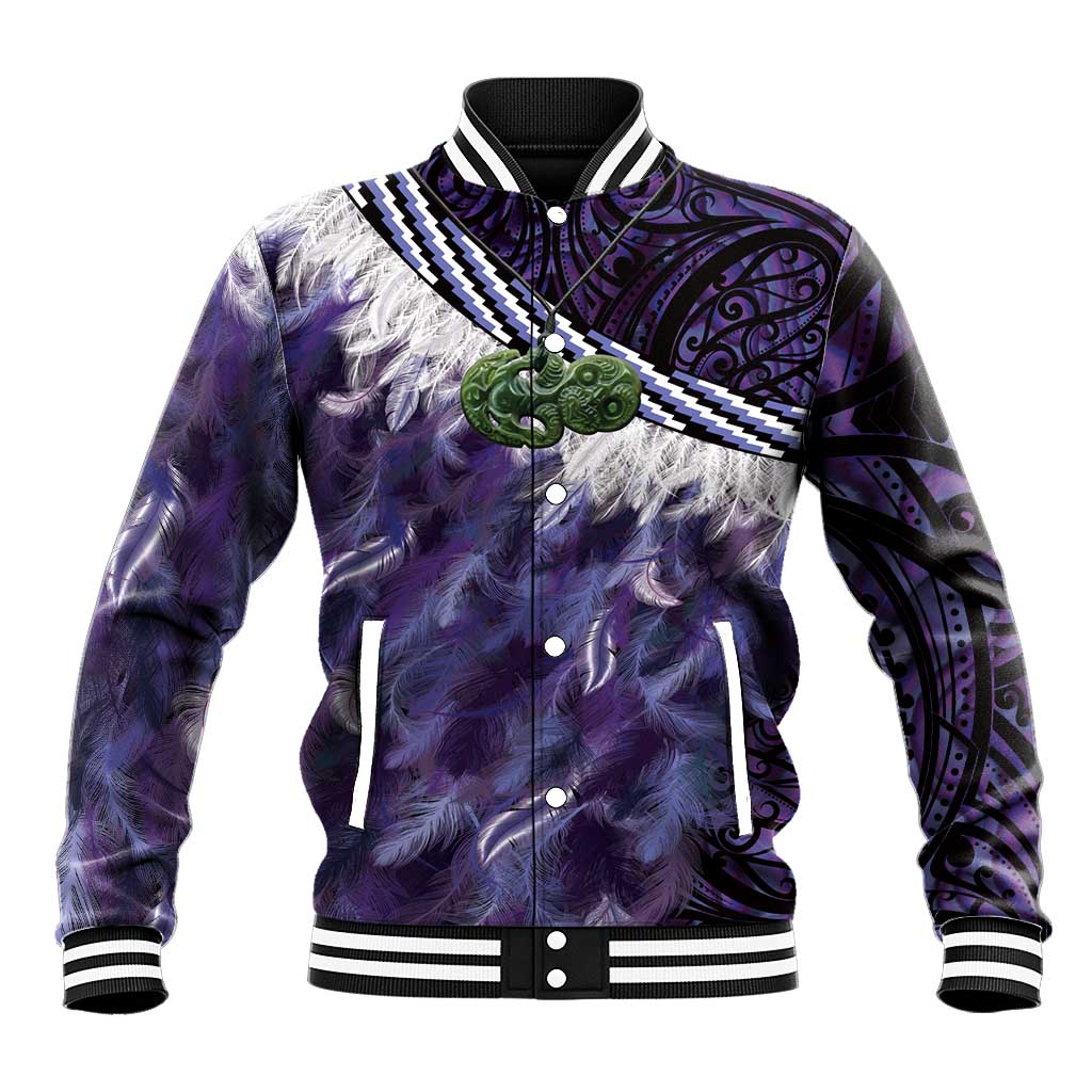 Purple Traditional Cloak Aotearoa Baseball Jacket Maori Paua Shell Korowai Pattern