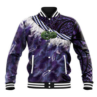 Purple Traditional Cloak Aotearoa Baseball Jacket Maori Paua Shell Korowai Pattern