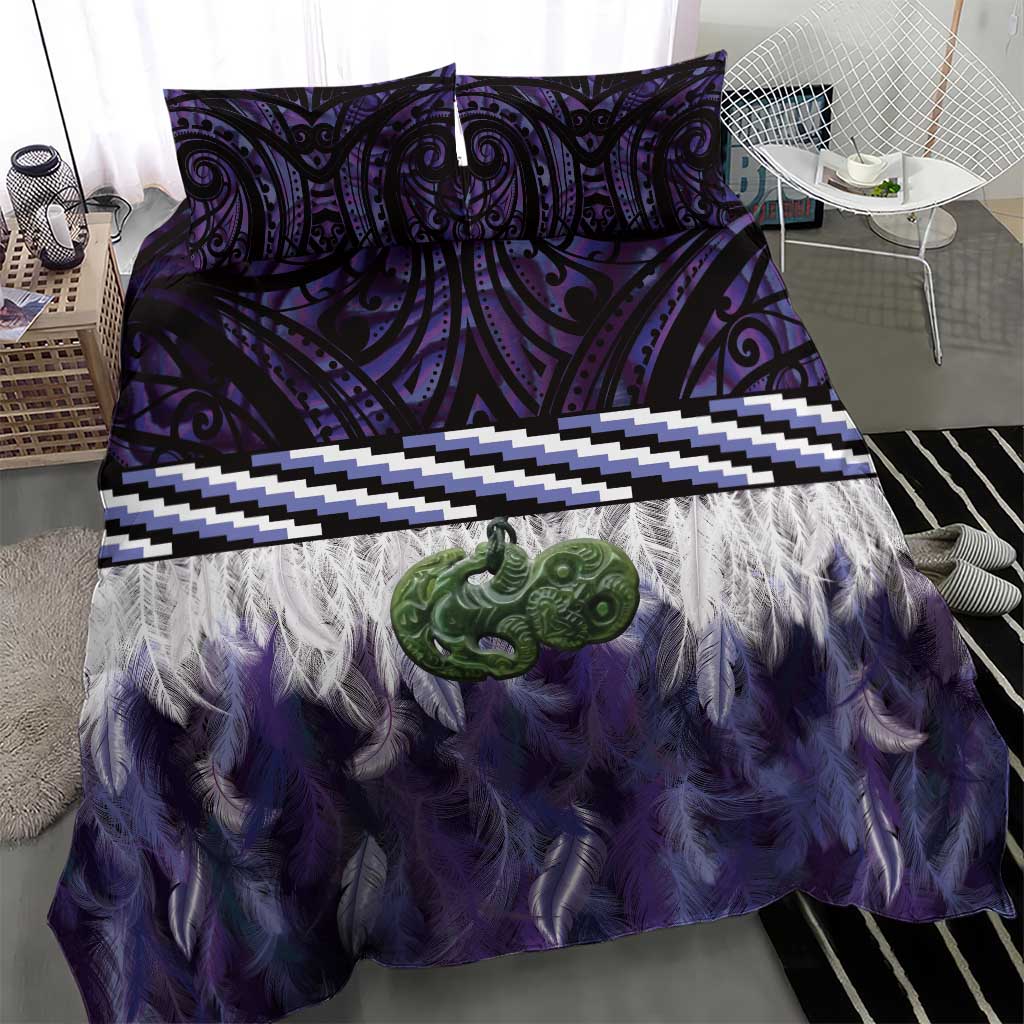 Purple Traditional Cloak Aotearoa Bedding Set Maori Paua Shell Korowai Pattern