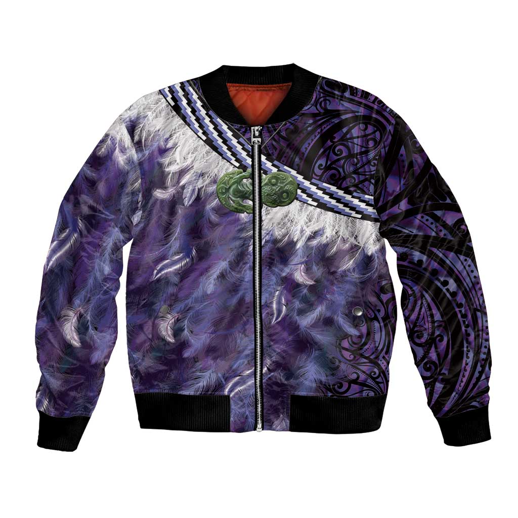 Purple Traditional Cloak Aotearoa Bomber Jacket Maori Paua Shell Korowai Pattern LT14 Unisex Purple - Polynesian Pride