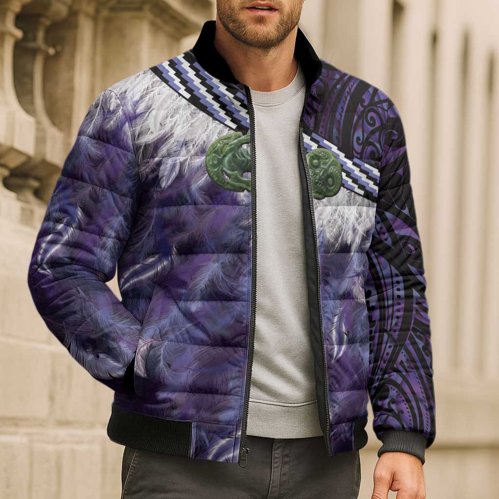 Purple Traditional Cloak Aotearoa Bomber Puffer Jacket Maori Paua Shell Korowai Pattern - Polynesian Pride