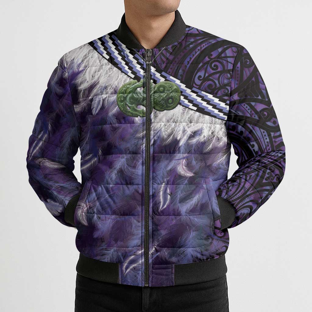 Purple Traditional Cloak Aotearoa Bomber Puffer Jacket Maori Paua Shell Korowai Pattern - Polynesian Pride