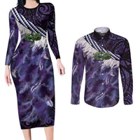 Purple Traditional Cloak Aotearoa Couples Matching Long Sleeve Bodycon Dress and Long Sleeve Button Shirt Maori Paua Shell Korowai Pattern LT14 Purple - Polynesian Pride
