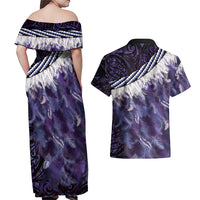 Purple Traditional Cloak Aotearoa Couples Matching Off Shoulder Maxi Dress and Hawaiian Shirt Maori Paua Shell Korowai Pattern LT14 - Polynesian Pride