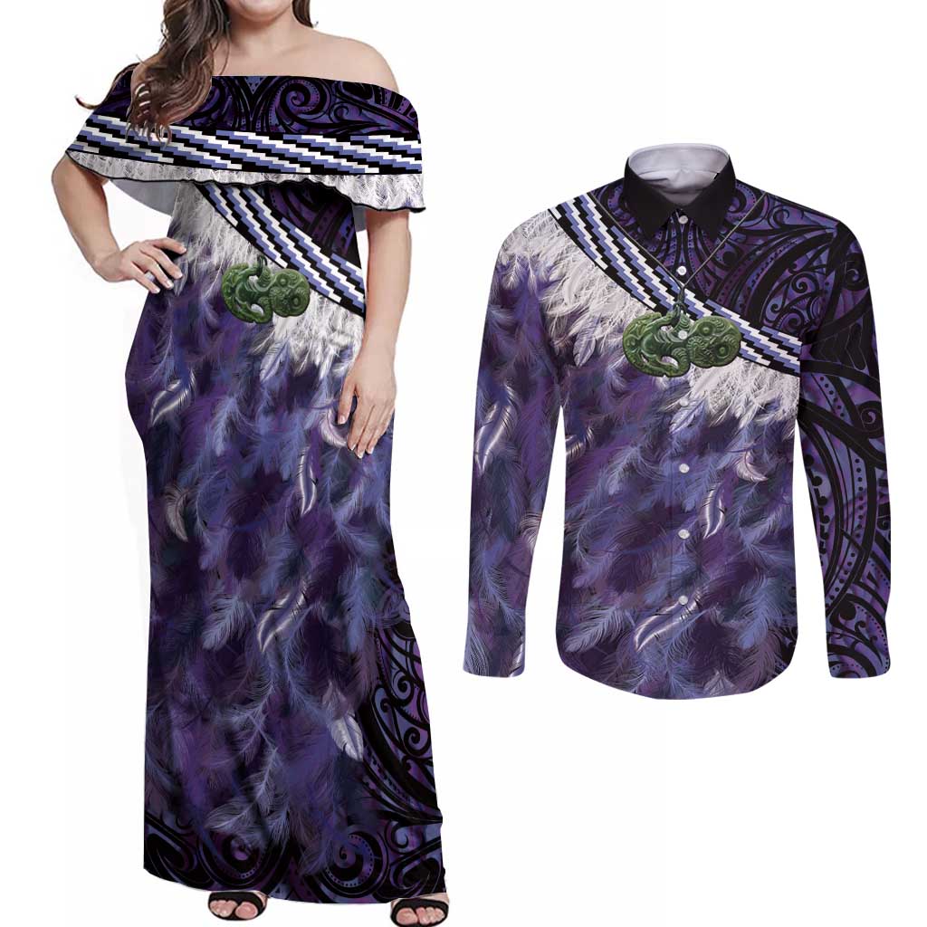 Purple Traditional Cloak Aotearoa Couples Matching Off Shoulder Maxi Dress and Long Sleeve Button Shirt Maori Paua Shell Korowai Pattern LT14 Purple - Polynesian Pride