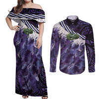 Purple Traditional Cloak Aotearoa Couples Matching Off Shoulder Maxi Dress and Long Sleeve Button Shirt Maori Paua Shell Korowai Pattern LT14 Purple - Polynesian Pride