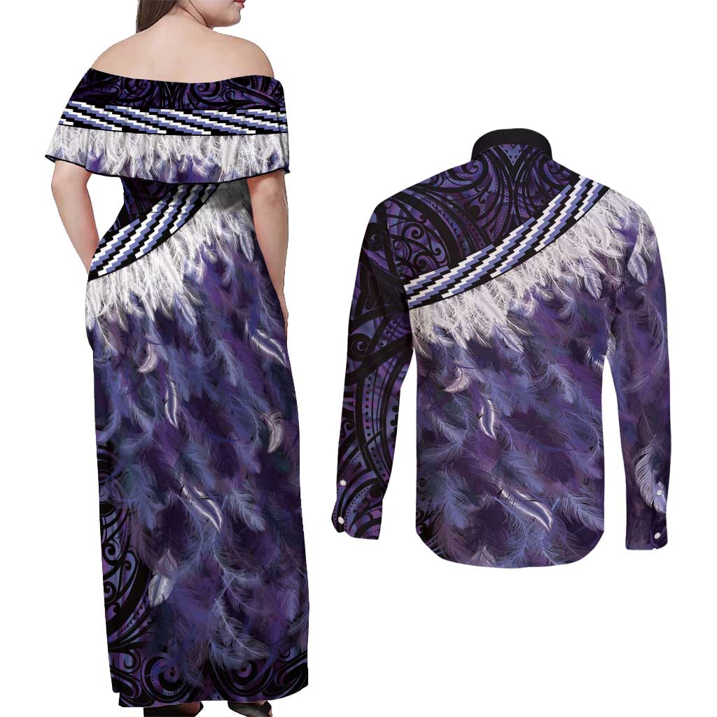 Purple Traditional Cloak Aotearoa Couples Matching Off Shoulder Maxi Dress and Long Sleeve Button Shirt Maori Paua Shell Korowai Pattern LT14 - Polynesian Pride