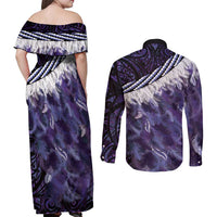 Purple Traditional Cloak Aotearoa Couples Matching Off Shoulder Maxi Dress and Long Sleeve Button Shirt Maori Paua Shell Korowai Pattern LT14 - Polynesian Pride