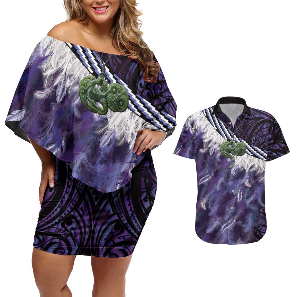 Purple Traditional Cloak Aotearoa Couples Matching Off Shoulder Short Dress and Hawaiian Shirt Maori Paua Shell Korowai Pattern LT14 Purple - Polynesian Pride