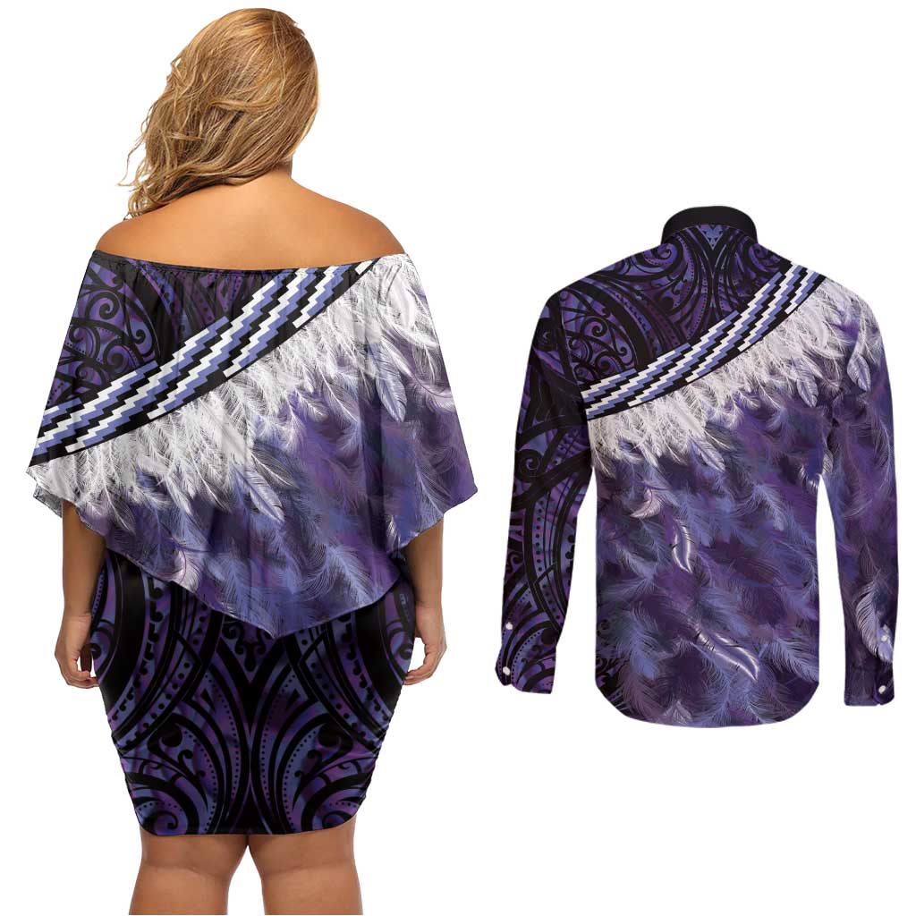 Purple Traditional Cloak Aotearoa Couples Matching Off Shoulder Short Dress and Long Sleeve Button Shirt Maori Paua Shell Korowai Pattern LT14 - Polynesian Pride