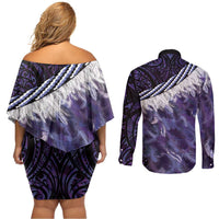 Purple Traditional Cloak Aotearoa Couples Matching Off Shoulder Short Dress and Long Sleeve Button Shirt Maori Paua Shell Korowai Pattern LT14 - Polynesian Pride