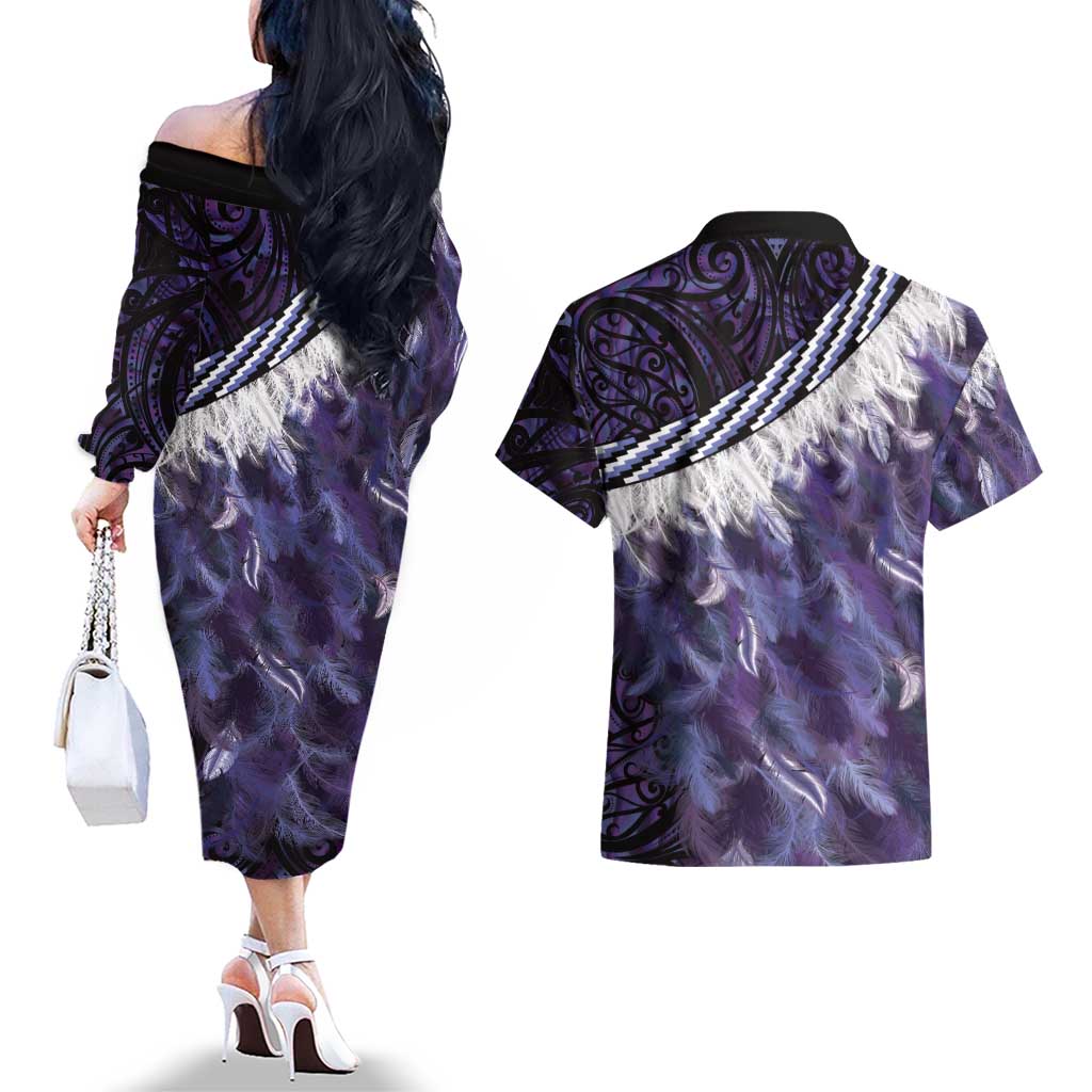 Purple Traditional Cloak Aotearoa Couples Matching Off The Shoulder Long Sleeve Dress and Hawaiian Shirt Maori Paua Shell Korowai Pattern