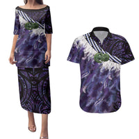 Purple Traditional Cloak Aotearoa Couples Matching Puletasi and Hawaiian Shirt Maori Paua Shell Korowai Pattern LT14 Purple - Polynesian Pride