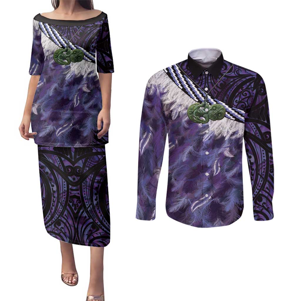 Purple Traditional Cloak Aotearoa Couples Matching Puletasi and Long Sleeve Button Shirt Maori Paua Shell Korowai Pattern LT14 Purple - Polynesian Pride