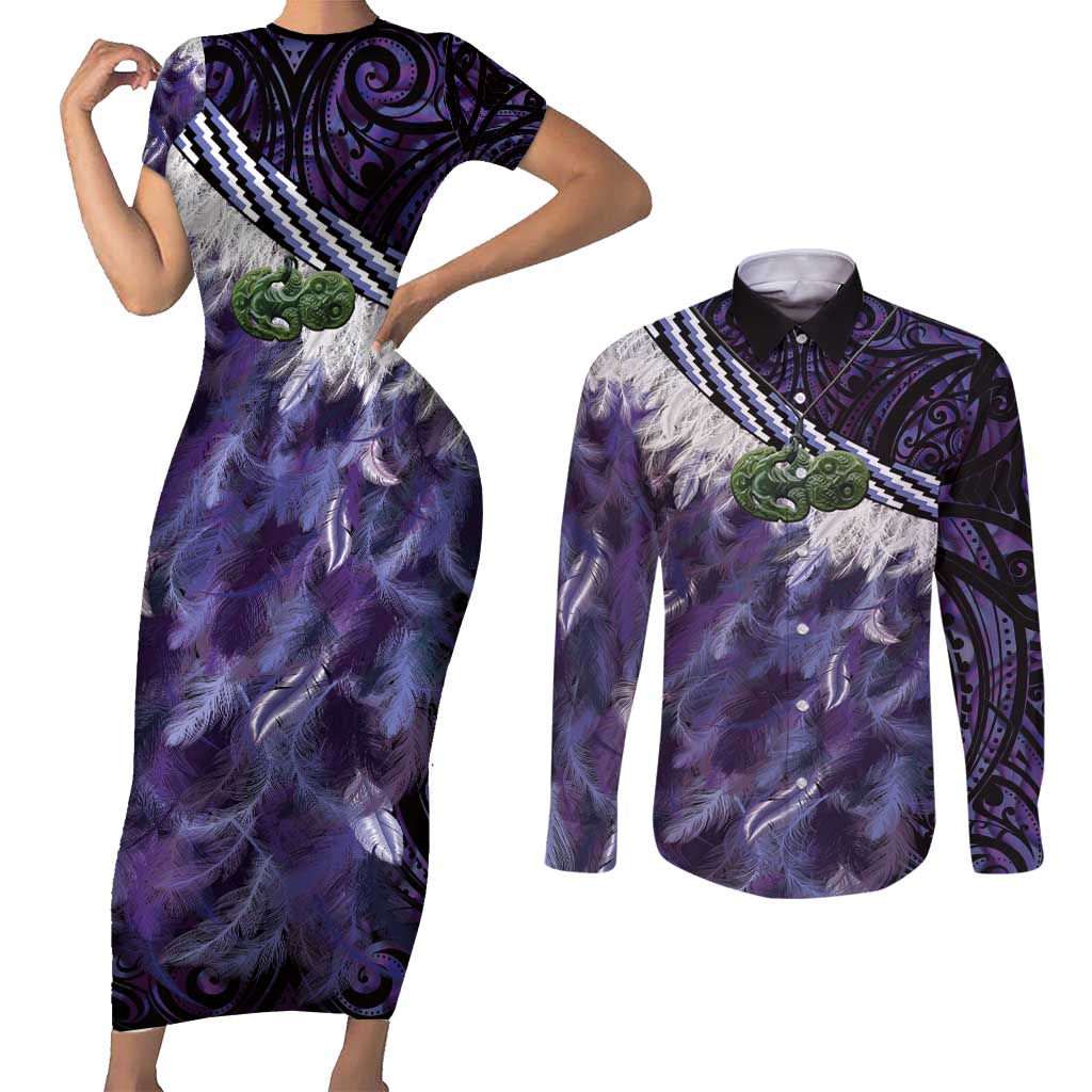 Purple Traditional Cloak Aotearoa Couples Matching Short Sleeve Bodycon Dress and Long Sleeve Button Shirt Maori Paua Shell Korowai Pattern LT14 Purple - Polynesian Pride