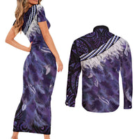 Purple Traditional Cloak Aotearoa Couples Matching Short Sleeve Bodycon Dress and Long Sleeve Button Shirt Maori Paua Shell Korowai Pattern LT14 - Polynesian Pride
