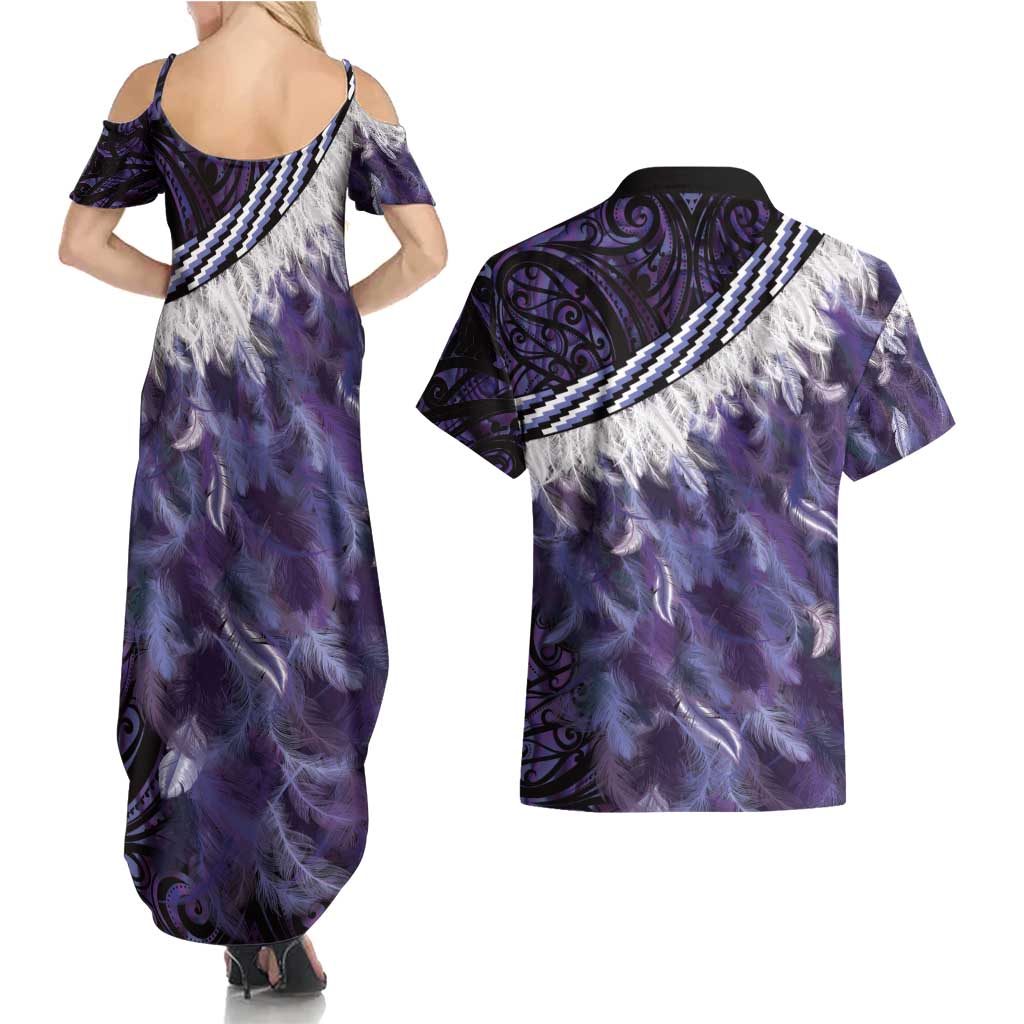 Purple Traditional Cloak Aotearoa Couples Matching Summer Maxi Dress and Hawaiian Shirt Maori Paua Shell Korowai Pattern LT14 - Polynesian Pride