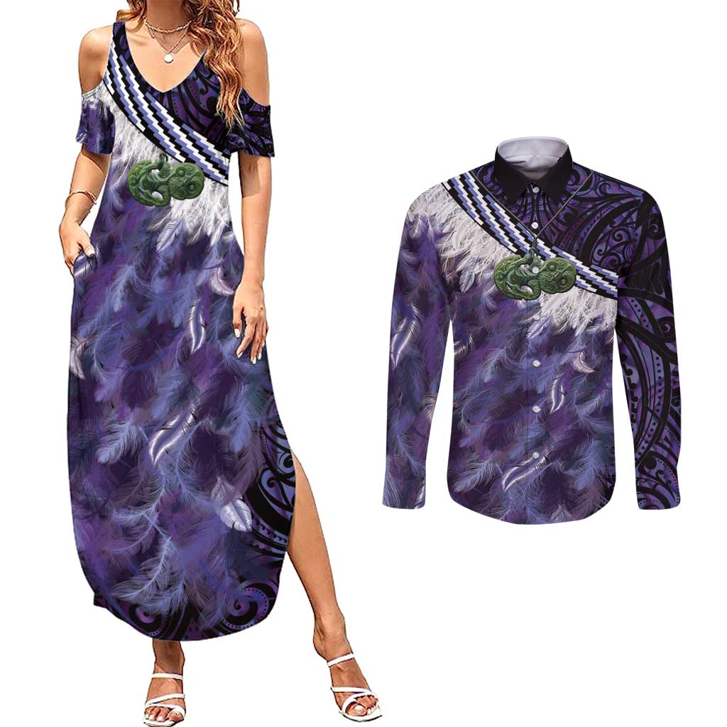 Purple Traditional Cloak Aotearoa Couples Matching Summer Maxi Dress and Long Sleeve Button Shirt Maori Paua Shell Korowai Pattern LT14 Purple - Polynesian Pride
