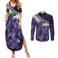 Purple Traditional Cloak Aotearoa Couples Matching Summer Maxi Dress and Long Sleeve Button Shirt Maori Paua Shell Korowai Pattern LT14 Purple - Polynesian Pride