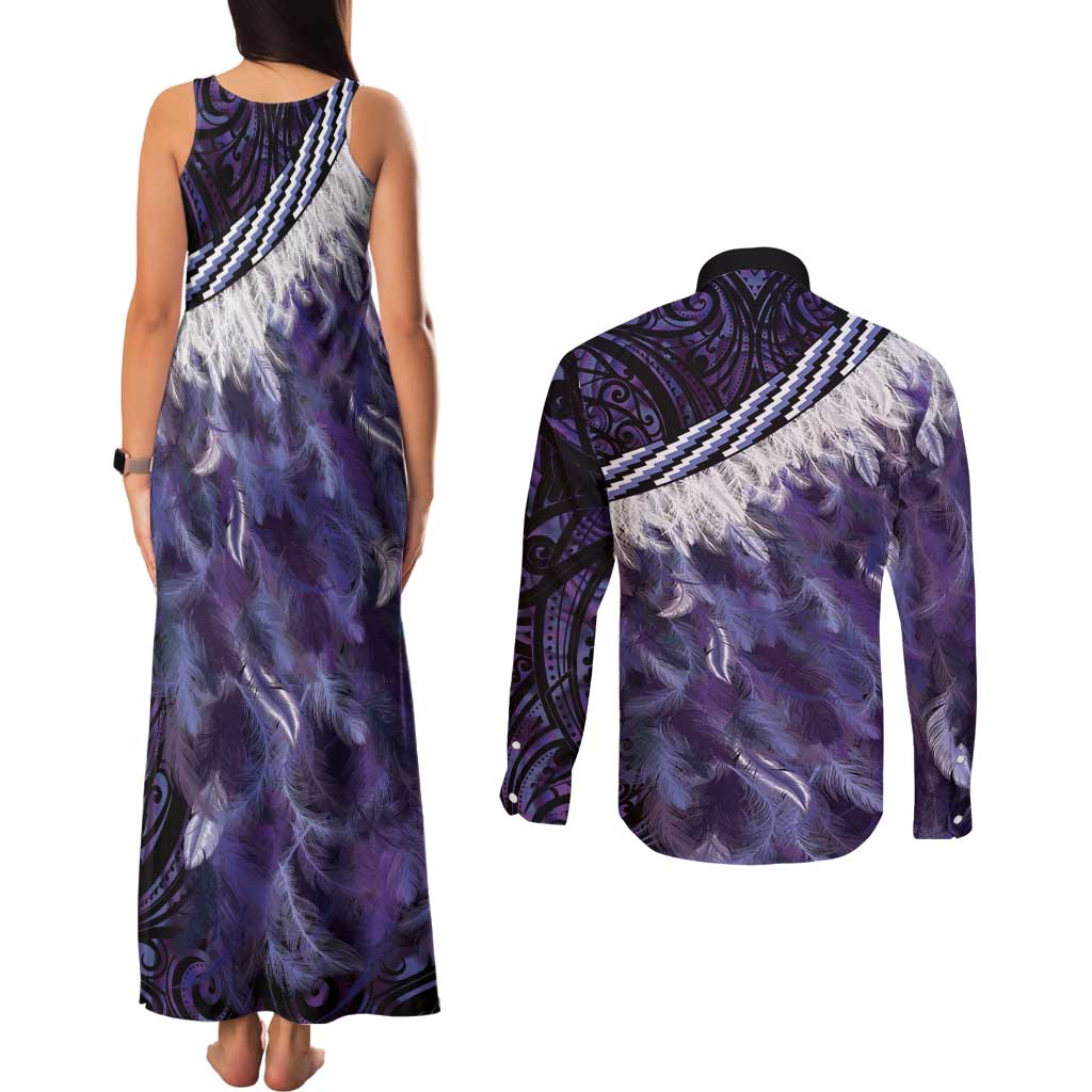 Purple Traditional Cloak Aotearoa Couples Matching Tank Maxi Dress and Long Sleeve Button Shirt Maori Paua Shell Korowai Pattern LT14 - Polynesian Pride