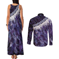 Purple Traditional Cloak Aotearoa Couples Matching Tank Maxi Dress and Long Sleeve Button Shirt Maori Paua Shell Korowai Pattern LT14 - Polynesian Pride