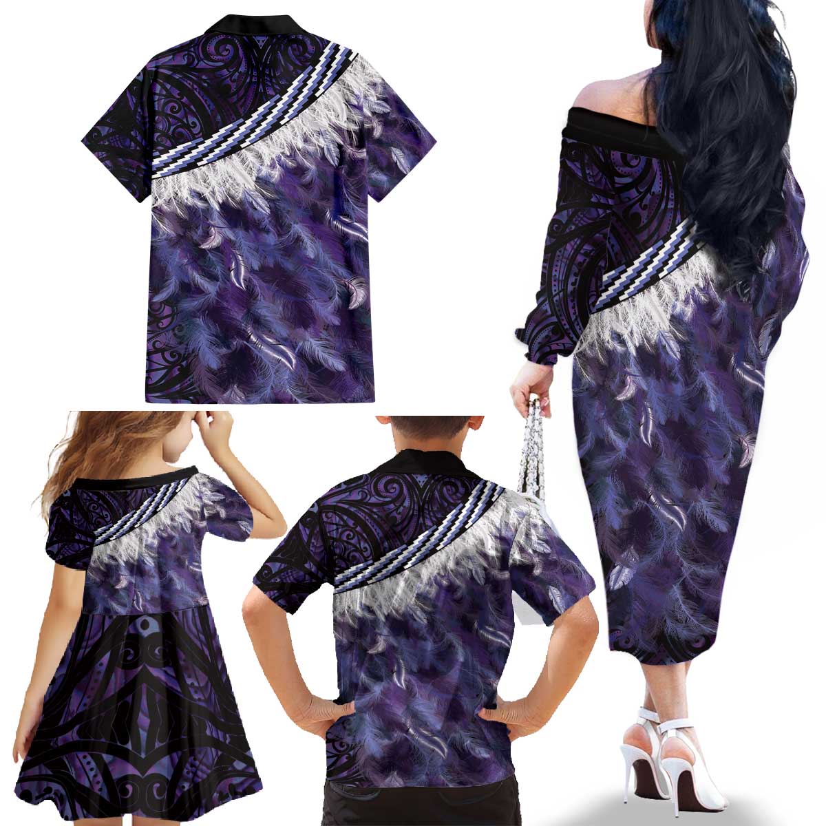 Purple Traditional Cloak Aotearoa Family Matching Off The Shoulder Long Sleeve Dress and Hawaiian Shirt Maori Paua Shell Korowai Pattern
