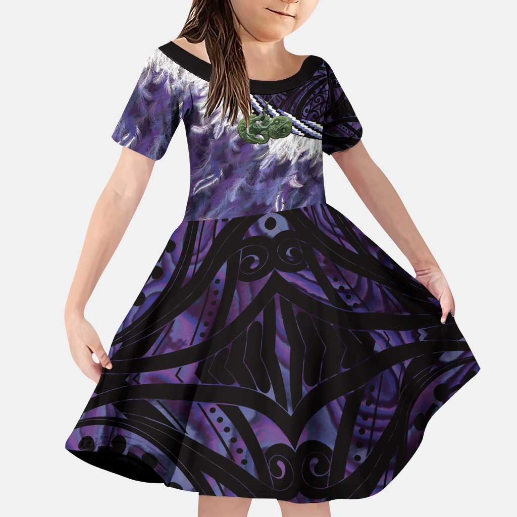 Purple Traditional Cloak Aotearoa Family Matching Puletasi and Hawaiian Shirt Maori Paua Shell Korowai Pattern LT14 Daughter's Dress Purple - Polynesian Pride