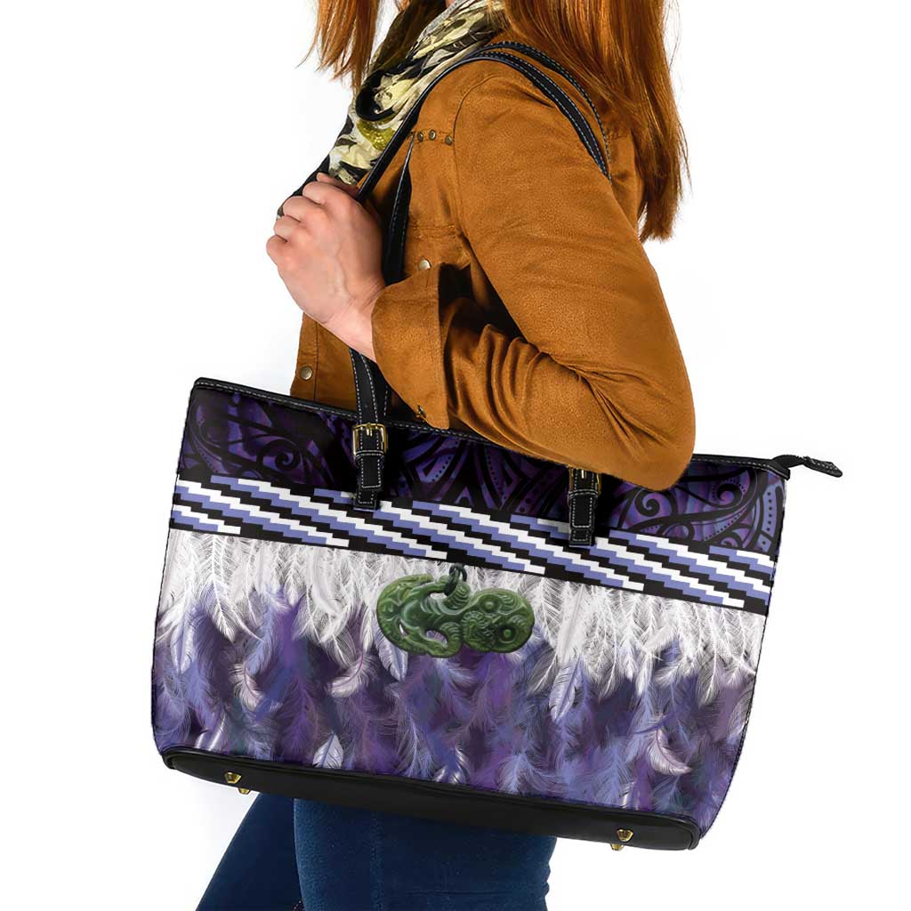 Purple Traditional Cloak Aotearoa Leather Tote Bag Maori Paua Shell Korowai Pattern LT14 Purple - Polynesian Pride