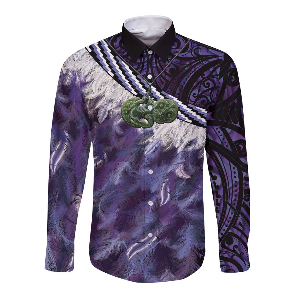 Purple Traditional Cloak Aotearoa Long Sleeve Button Shirt Maori Paua Shell Korowai Pattern LT14 Unisex Purple - Polynesian Pride