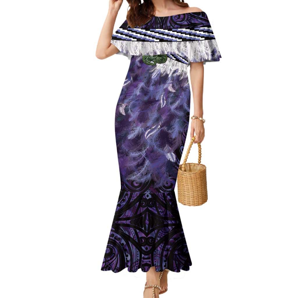 Purple Traditional Cloak Aotearoa Mermaid Dress Maori Paua Shell Korowai Pattern
