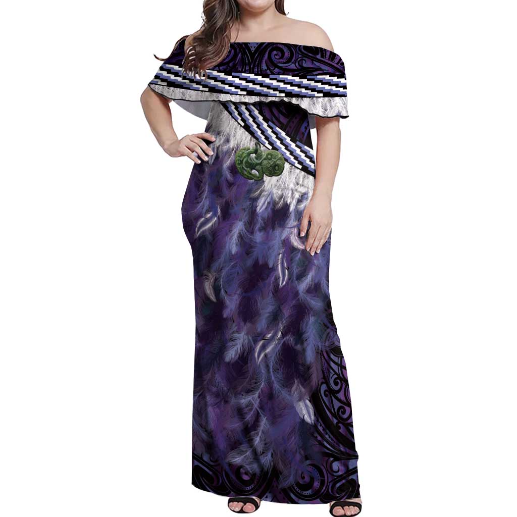 Purple Traditional Cloak Aotearoa Off Shoulder Maxi Dress Maori Paua Shell Korowai Pattern
