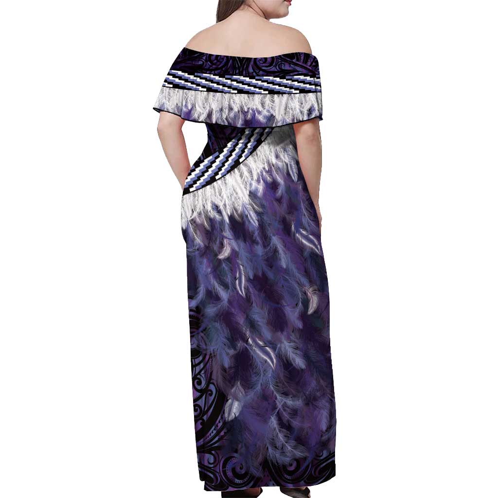 Purple Traditional Cloak Aotearoa Off Shoulder Maxi Dress Maori Paua Shell Korowai Pattern