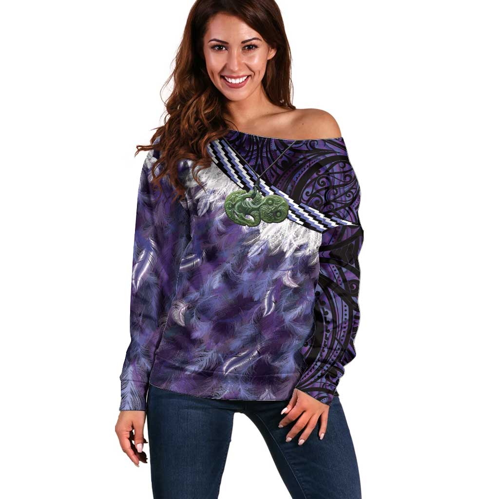 Purple Traditional Cloak Aotearoa Off Shoulder Sweater Maori Paua Shell Korowai Pattern