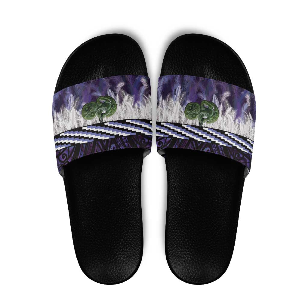 Purple Traditional Cloak Aotearoa Slide Sandals Maori Paua Shell Korowai Pattern - Polynesian Pride